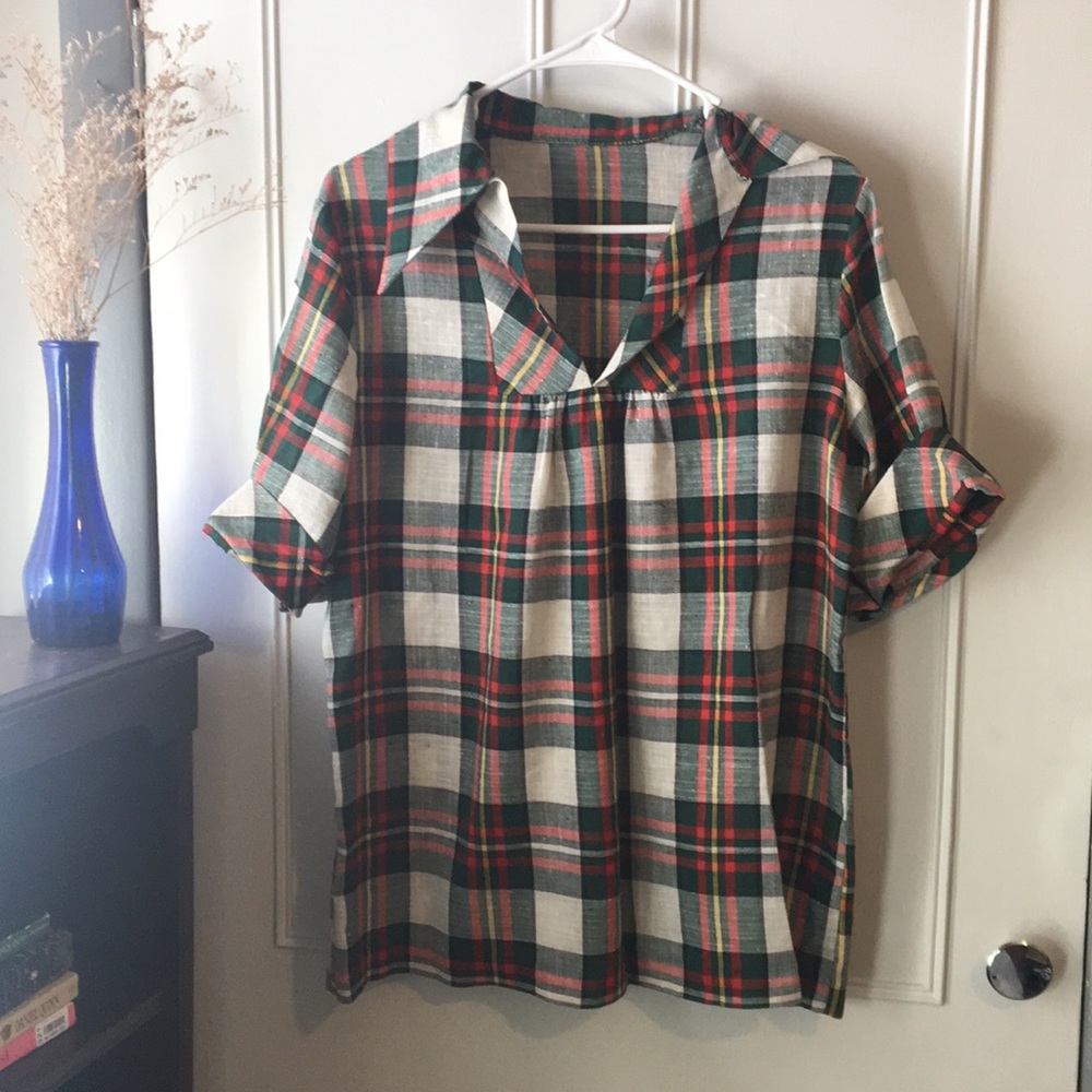 Vintage plaid shirt sleeves collared shirt
